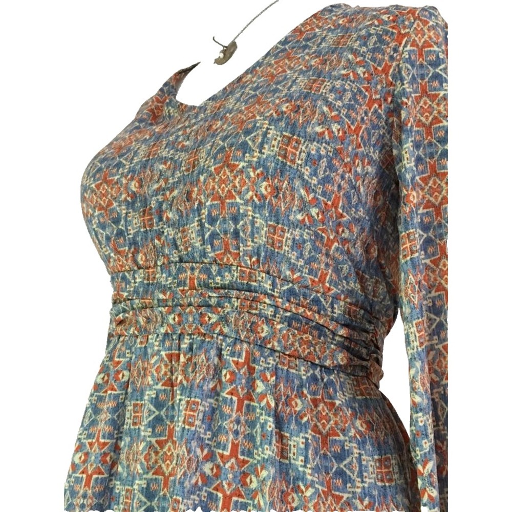 Peasant Festival Dress Women XS 0 2 Western Boho Print Gold Tone Buttons V Neck